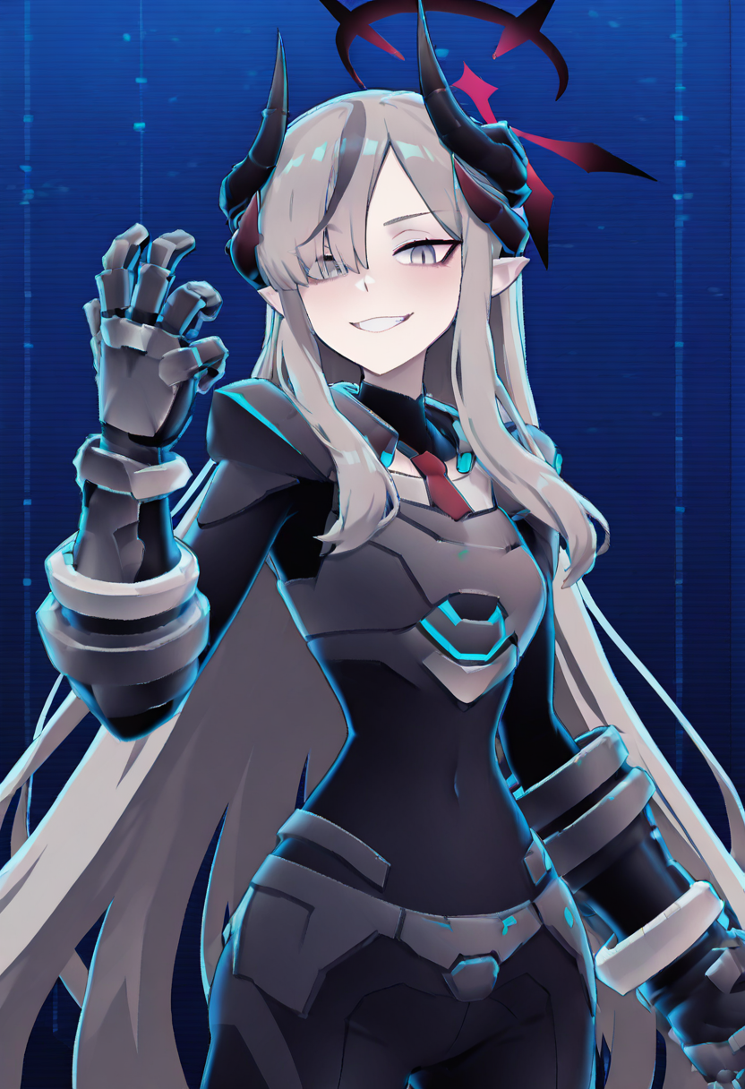masterpiece, best quality, solo, curvy, beautiful eyes, narrow waist, wide hips, 1girl, solo, smile, looking at viewer,    zzMakoto, horns, long hair, grey hair, demon horns, black horns, halo, multiple horns, pointy ears, grey eyes,    <lora:HanumaMakotoBlueArchive_IXL_v1:1.0>,  , smile, looking at viewer, cowboy shot, dynamic pose,  zzCodeV, bodysuit, neon trim, armor, black bodysuit, dynamic pose, foreshortening, shiny, <lora:CodeVSnG_IXL:1.0>,