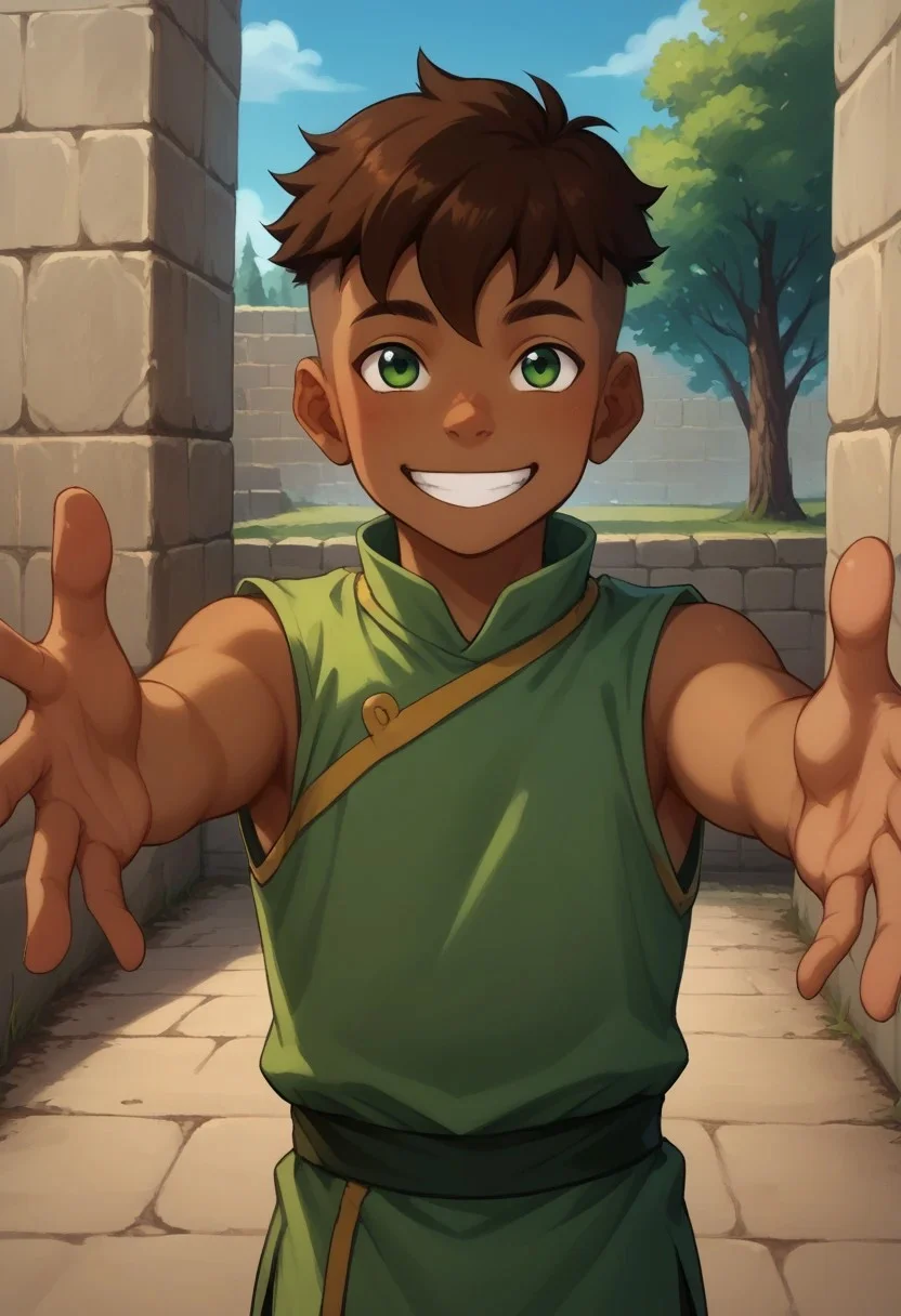 score_9, score_8_up, score_7_up, source_anime, male, incoming hug, looking at viewer, outstretched arms, hands, front view, happy, smiling, (Kai, Brown Hair, Undercut, Green Eyes, Brown Skin),(Prison Tunic, sleeveless), detailed face, petite body, five fingers on each hand, park background, trees, blue sky,