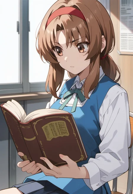 score_9, score_8_up, score_7_up, source_anime, takao, brown hair, brown eyes, long hair, hairband, 1girl, book, school uniform, solo, shirt, holding, indoors, chair, white shirt, ribbon, collared shirt, sitting