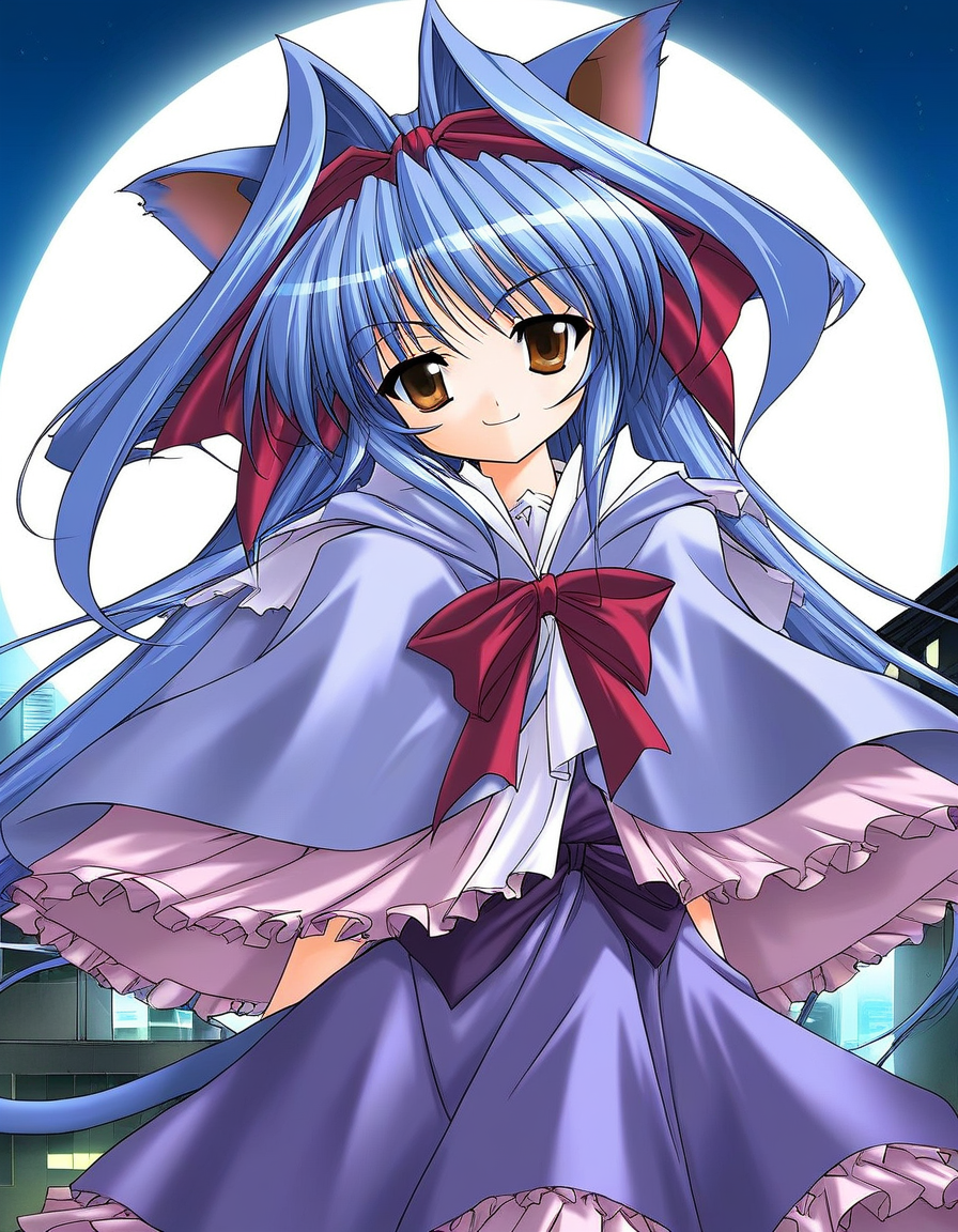 score_9, score_8_up, score_7_up, source_GAME, rating_explicit, BREAK <lora:Shion_mahjong_XL:1> Shion_mahjong, very long hair, blue hair, hair bow, hair intakes, brown eyes,  short stack, hair bow, white and purple dress 
solo, bow, upper body, capelet, frills, hair ribbon, wine red bow,  looking at viewer, cat tail, cat ears, 
smile, 
cyberpunk, gigantic size full moon,  night, near future city, buildings, outdoors,