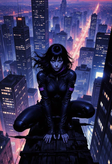 (nistyle:1.2) cinematic shot of a heroine squatting on a plank bridge, high above the city, by night. she wears a tight black combat suit with violet accents. her compact posture conveys agility and deftness, her expression is calm and ready.
her black short hair, with violet strands, is billowing upwards.
her silhouette illuminated by a ethereal blue glow, creating a stark contrast with the background. cold blue light highlighting her hyper detailed fabrics and skin.
the narrow plank bridge is placed high in the sky, probably between skyscrapers, below a sprawling megacity, illuminated by vivid colorful neon lights.