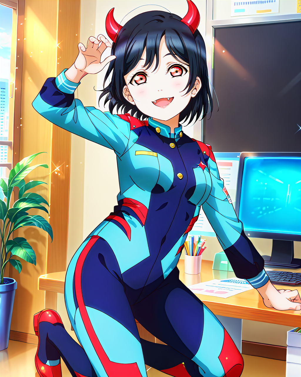 score_9, score_8_up, score_7_up, score_6_up, source_anime, looking at viewer, ((1girl, mifune shioriko, black hair, red eyes, short hair, fang)), (horns_pose), (Midnight Blue bodysuit), (Office),<lora:LLChar_Pony_Niji:0.8> love live! <lora:LLChar_Pony:0.8>, smile, happy,