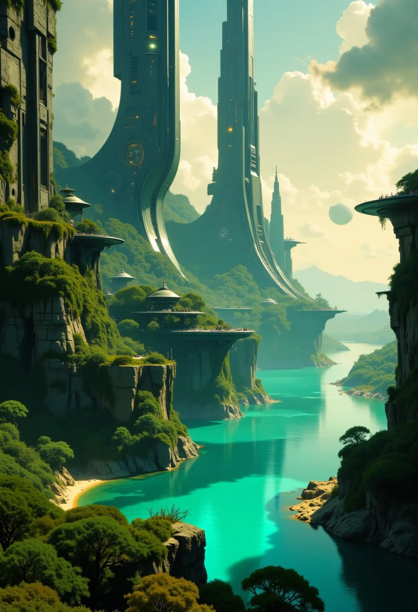 Aerial view of futuristic alien cityscape with towering curved skyscrapers, a turquoise body of water, giant jungle trees; high aesthetic quality, clear focus. two suns in the sky of a foreign planet.