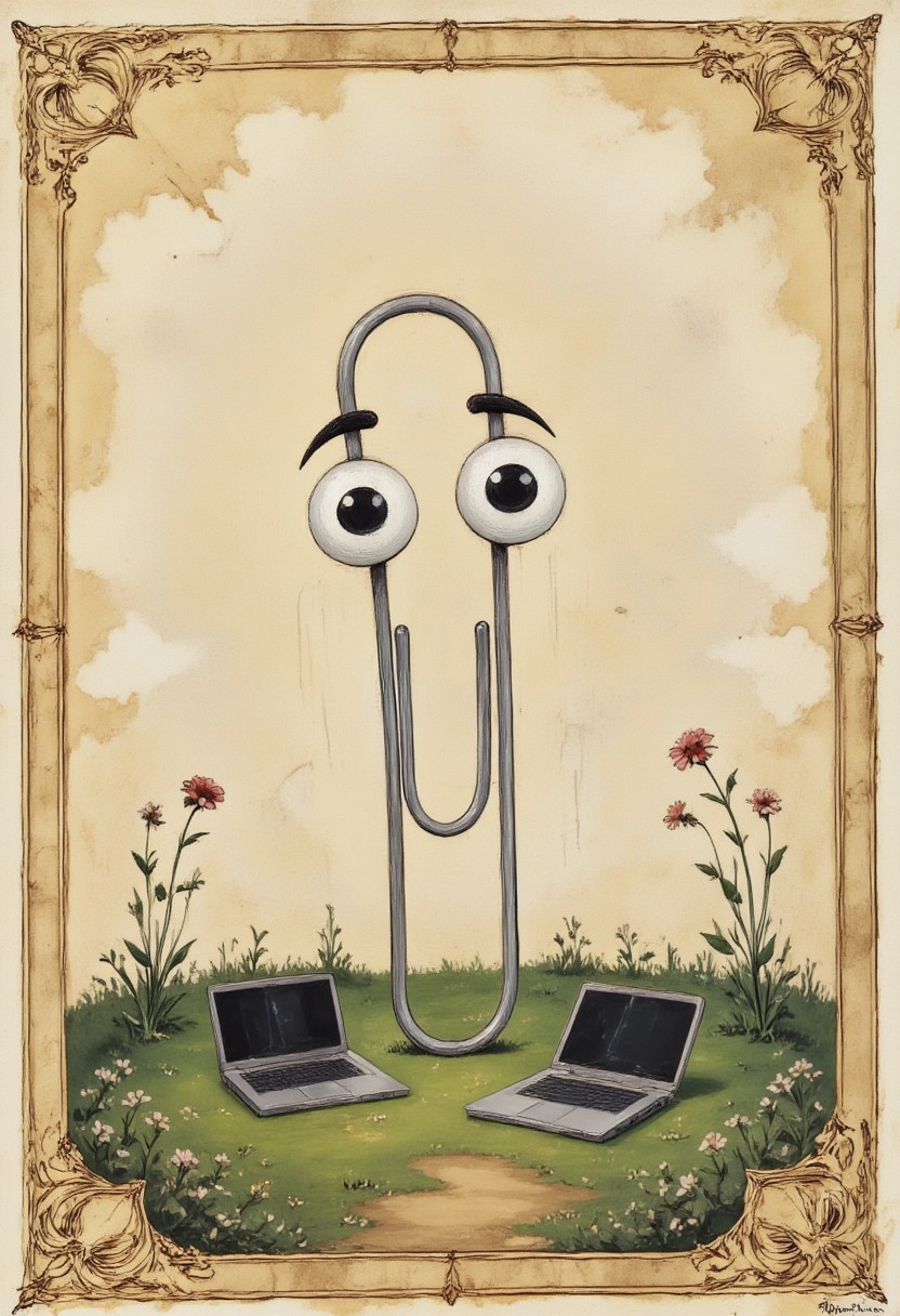 Illuminated manuscript illustration of clippy with big eyes on a green meadowy field next to a laptop. The parchment background is aged and textured, while ornate golden borders frame the solemn yet mystical scene.
