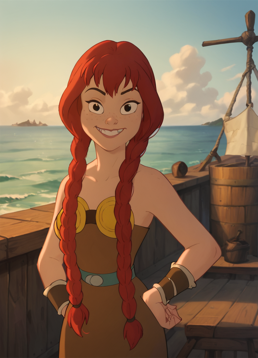 <lora:Abbapony:1> abba, 1girl, solo, breastplate, smile, dress, strapless,boots,  upper body,viking ship,ocean, score_9, score_8_up, score_7_up, score_6_up, score_5_up, score_4_up, looking at viewer, portrait,