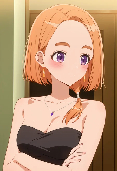 <lora:BANRI SHIUNJI:1>,
BANRI SHIUNJI,purple eyes,thick eyebrows,hair over shoulder,forehead,orange hair,
solo,jewelry,breasts,earrings,cleavage,upper body,collarbone,necklace,crossed arms,closed mouth,medium breasts,indoors,bare shoulders,strapless,blush,black dress