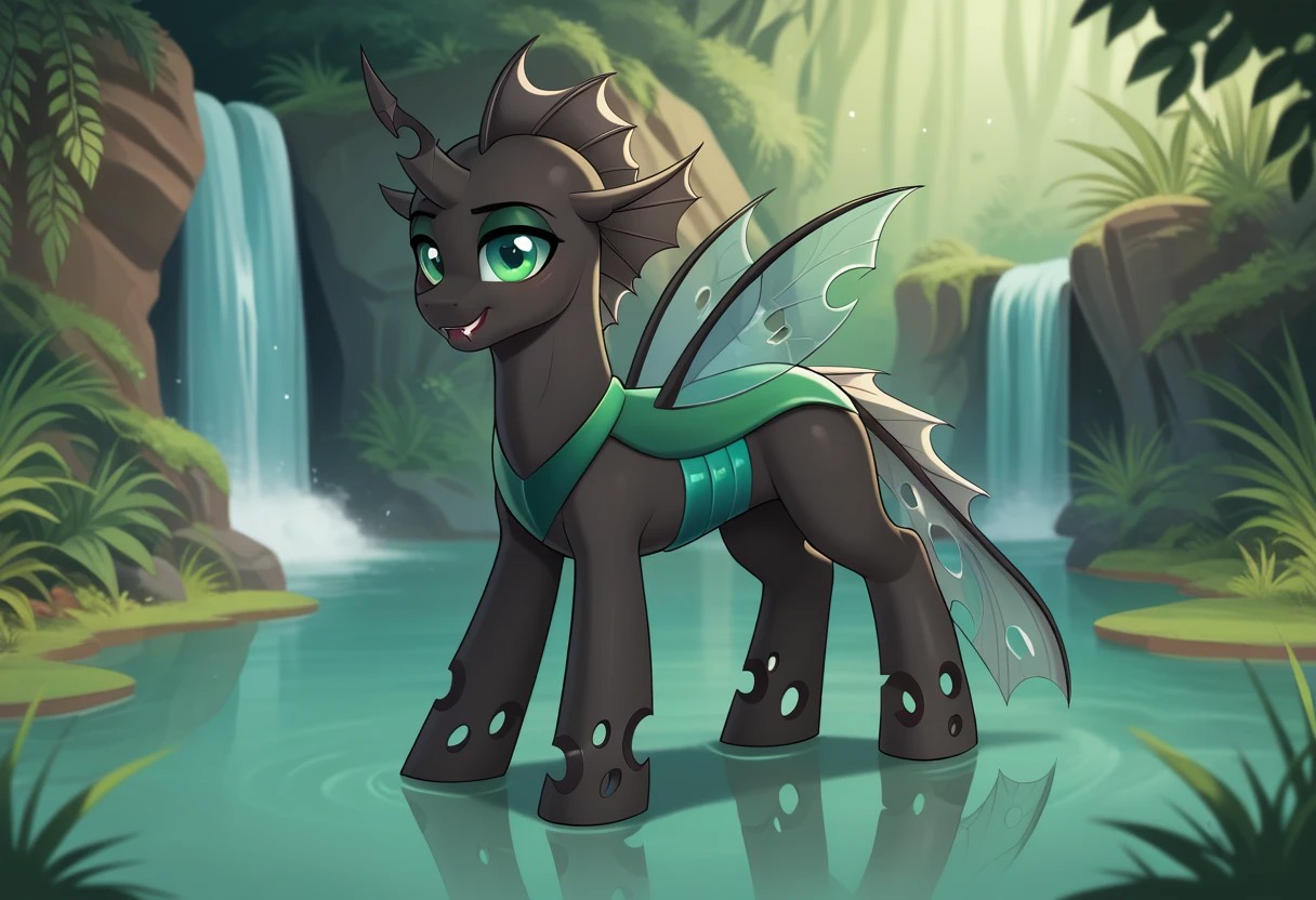 score_9, score_8_up, score_7_up, score_6_up,
Solo, feral, (my little pony, changeling, dark skin, green eyes, cute, femboy, 1male, solo, bald, changeling horn, head fin,), drinking from the lake of a waterfall jungle