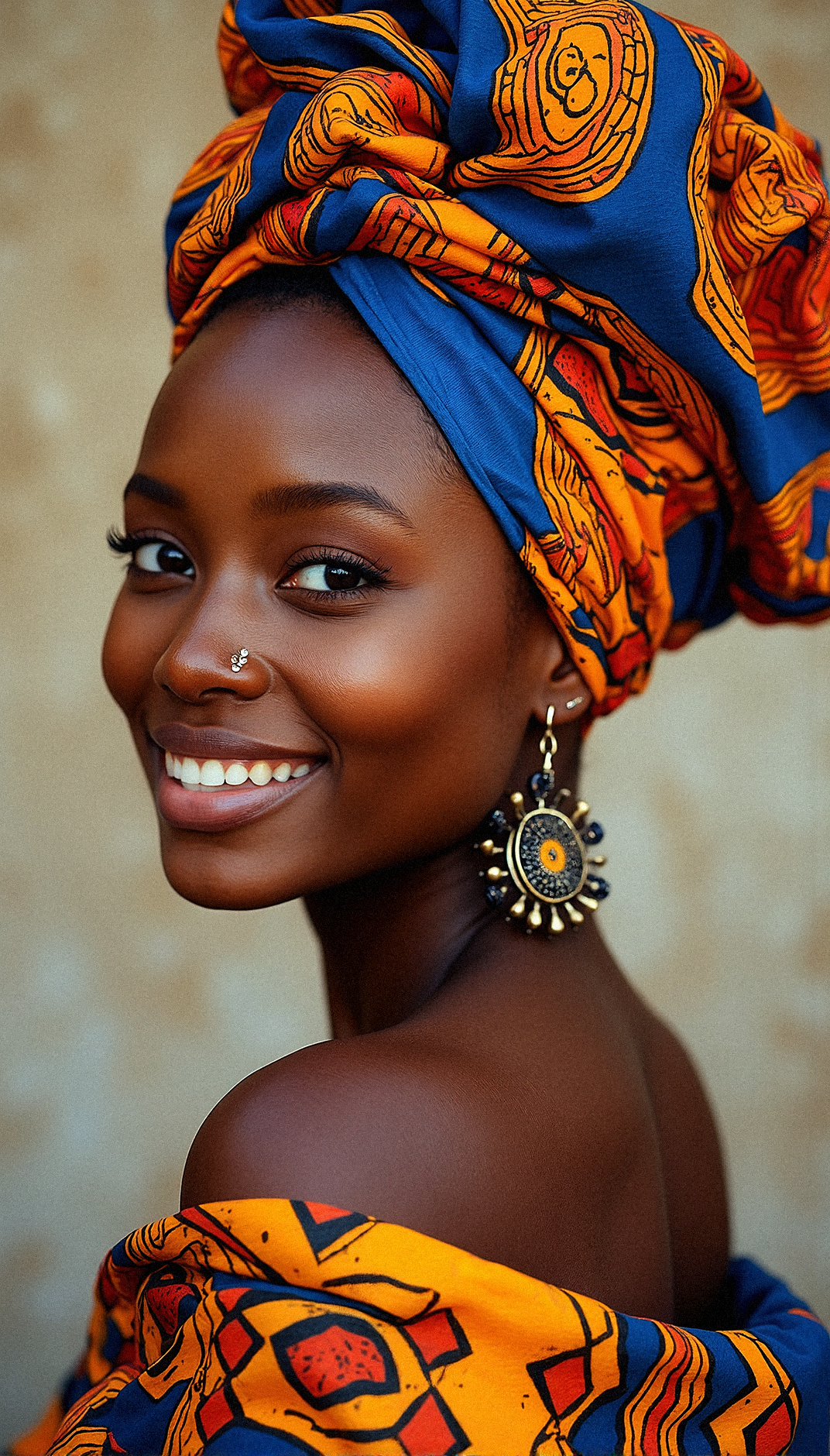 a photorealistic close-up of a beaming African woman dressed in traditional attire. Her head is wrapped in a vibrant, multi-colored headwrap featuring bold patterns in shades of blue, orange, yellow, and red, arranged in geometric shapes inspired by African artistry. The wrap is meticulously tied, with folds and creases adding depth and realism. A shawl draped over her shoulder mirrors the headwrap’s colorful patterns, seamlessly blending with her outfit. She wears large, decorative earrings that reflect traditional African symbols, adding cultural depth to her look. Her skin is smooth, with subtle freckles visible on her cheeks, enhancing the image's realism. The lighting should highlight the textures and colors of her attire, the gleam of her earrings, and the natural beauty of her face, bringing a lifelike quality to the composition that celebrates cultural heritage and identity.Hints of a linen texture in the background, adding an earthy, tactile element.



