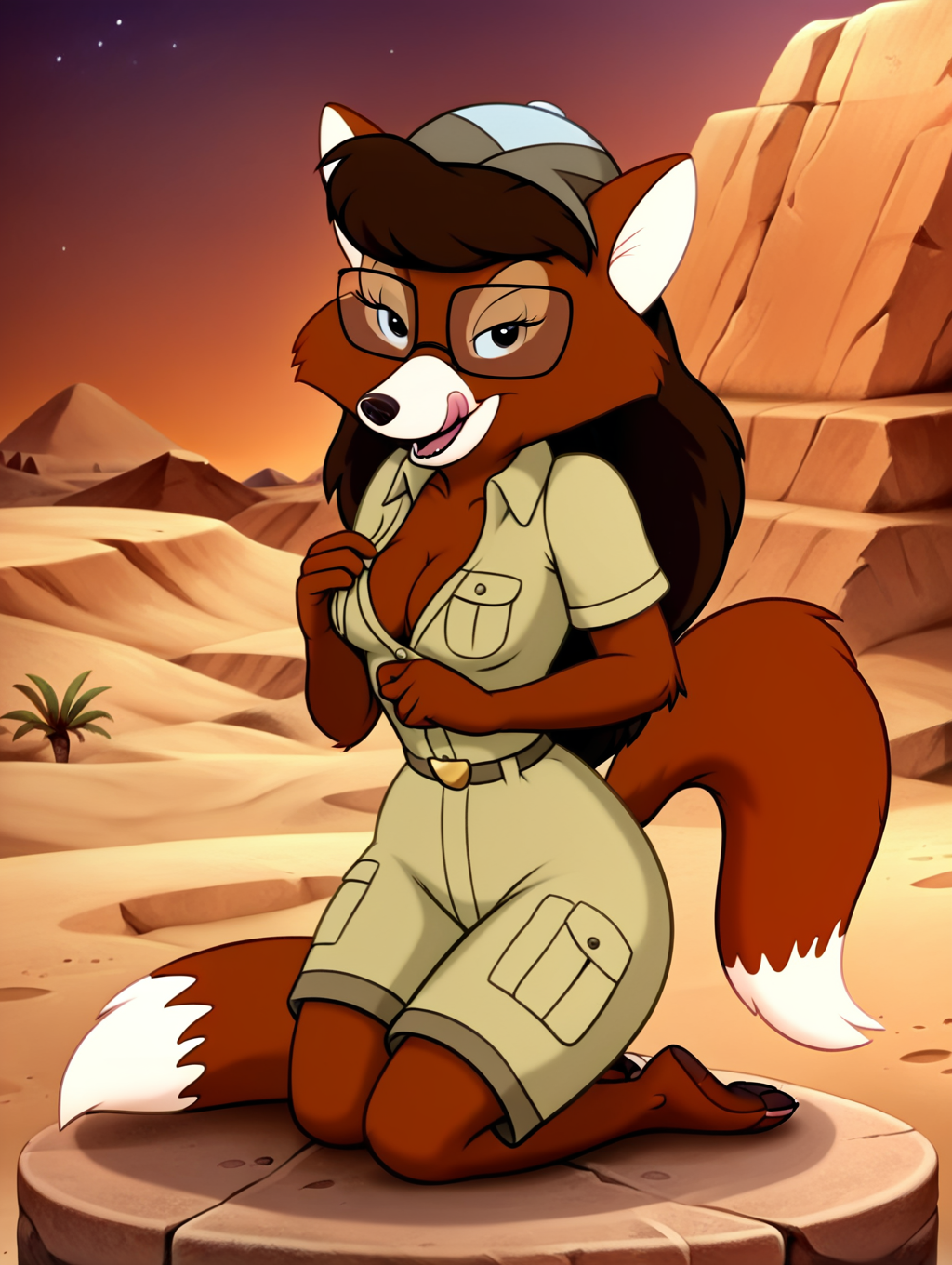 source_furry, 1girl, solo,  furry, furry female, tail,ultra high quality,ultra high resolution,ultra photorealistic,full body, seductive, very realistic,(extremely detailed), detailed background,,(masterpiece, best quality, high quality, highres, ultra-detailed), <lora:Myra_Foxworthy_Talespin pony:0.88> cartoon, flat colors, brown fur, rectangular glasses, long hair, anthro, fox, brown eyes, small breasts, long eyelashes, an image of myra foxworthy, olive blouse,licking own lips,presenting breasts,leaning slighlty forward,cleavage,seductive eyes,half closed eyes,facing viewer,slightly open mouth,desert dunes,cartoon ,posing seductive,high detailed,k,ultra hd,intricate details,high detailed mouth,outside,