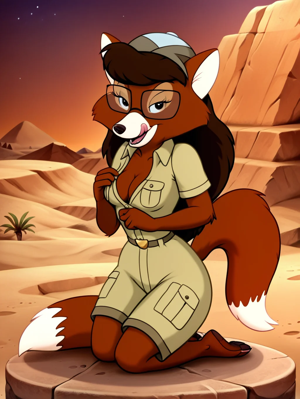 source_furry, 1girl, solo, furry, furry female, tail,ultra high quality,ultra high resolution,ultra photorealistic,full body, seductive, very realistic,(extremely detailed), detailed background,,(masterpiece, best quality, high quality, highres, ultra-detailed), <lora:Myra_Foxworthy_Talespin pony:0.88> cartoon, flat colors, brown fur, rectangular glasses, long hair, anthro, fox, brown eyes, small breasts, long eyelashes, an image of myra foxworthy, olive blouse,licking own lips,presenting breasts,leaning slighlty forward,cleavage,seductive eyes,half closed eyes,facing viewer,slightly open mouth,desert dunes,cartoon ,posing seductive,high detailed,k,ultra hd,intricate details,high detailed mouth,outside,