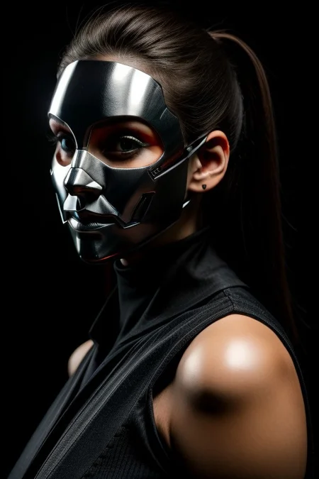 ((very beautiful)) cyborg woman, 30 years old, (beautiful:1.75), (gothic makeup:0.99), (Red Lipstick:1), (anime:0.35), (oval face:0.25), (top model), (((body parts are made of metal))), 5caryma5k, mechanical parts,  (an ametallic mask that covers half of the face), (Halloween), (night), (noir), (front view:1.25), (elegant), 10 minutes before the world will end, (back light),  hyper-realistic, (ultra-detailed:1), (insanely detailed:1), 4k, 8k, (realistic), (best quality), (HD), shot on portra 400, fujifilm xt3,  raw photo, (((masterpiece))), sense of depth,  ((perfect composition)), rule of thirds, (style of Leonardo Da Vinci:0.10), style of Caravaggio, Perfect hand, Hand, (detailed hand),  beautiful lighting