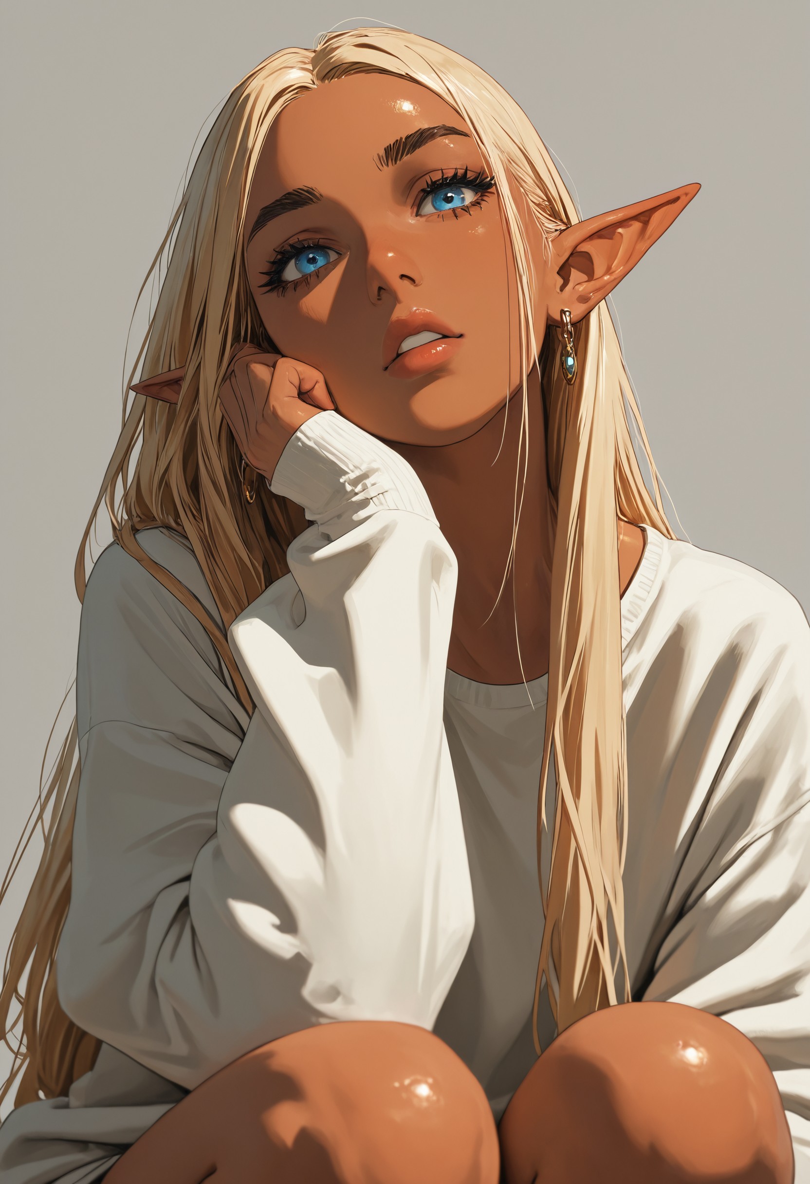 1girl, solo, pointy_ears, very_long_hair, forehead, hair_behind_ear, slicked_hair, straight_hair, blue_eyes, elf, jewelry, eyelashes, tanned skin, black_eyebrows, thick_eyebrows, earrings, blonde_hair, parted_lips, looking_at_viewer, long_sleeves, lips, simple_background, sleeves_past_wrists, sweater, white_sweatshirt, sitting, oversized_clothes, grey_background, hand_on_own_face, squatting, from_side, head_tilt, dynamic dutch angle, masterful brushwork, expressive, amazing quality, best resolution, very aesthetic, 4k, latest, <lora:5446466b-cec5-48ee-8b09-f2b6d0993aab:0.9>