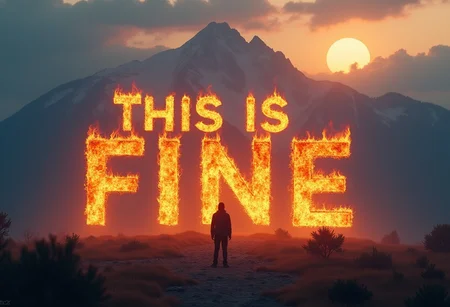 The words "THIS IS FINE" appear in giant, flaming letters in a mountainous landscape. A tiny human figure is silhouetted in the foreground. hyper-realistic, photorealistic, 8k, masterpiece, award-winning photography