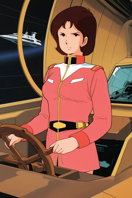 masterpiece, best quality, amazing quality, absurdres, miraiyashima79, brown hair, solo, serious, wooden steering wheel, standing, helm wheel, both hands on helm wheel, gripping helm wheel, steering ship, helmswoman:1.2), pink military uniform, large breasts, indoors, spacecraft, science fiction, retro artstyle