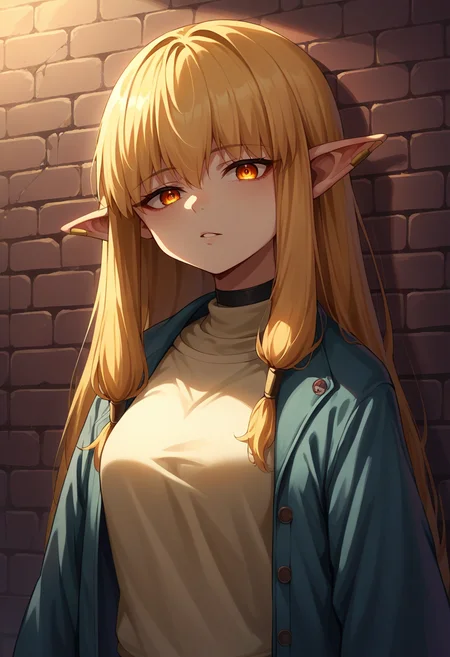 score_9, score_8_up, source_anime, 1girl, solo, Serie, long hair, hair tubes, ear bar, sharp eyes, choker, neon shirt, open jacket, turtleneck sweater, night, against wall, brick wall, graffiti, dim lighting, alley, looking at viewer, <lora:ChamSeriePonyXL:1>