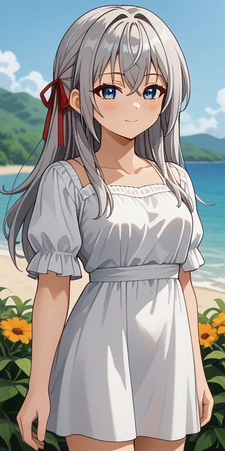 <lora:10_Alisa_Alya_Mikhailovna_Kujou_from_Alya_Sometimes_Hides_Her_Feelings_in_Russian:1>, summer, Alya, dress, long hair