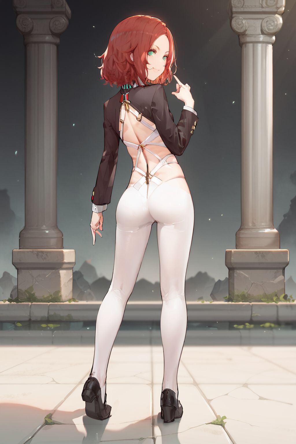 score_9, score_8_up, score_7_up, 1girl, looking back, finger heart, kind smile, red hair, widow's peak, turquoise eyes, flat chest, dark brown blazer, sunbeam, stone walkway, full body, <lora:kincora_PonyXL_style_v02:1>