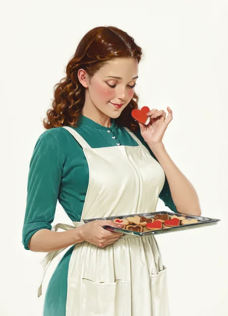 masterpiece, best quality, amazing quality, very aesthetic, absurdres, realistic, photorealistic, norman rockwell,

1girl, solo, upper body, long hair, wavy hair, brown hair, red lips, makeup, white apron, medium breasts, green dress, eyelashes,

standing, three quarter view,

(heart-shaped cookie:1.2), holding cookie, raised hand, looking at cookie, holding baking sheet, (red cookie:1.2),

white background, simple background, smile, blush