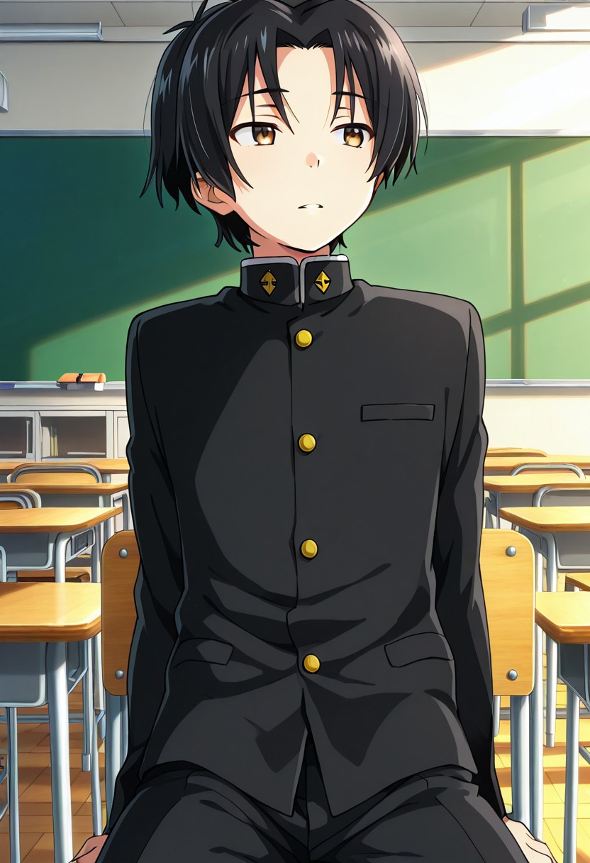 official art, finetuneanime, anime screencap, detailed art, ultra detailed art, score_9, score_8_up, score_7_up, masterpiece, anime screencap, Akira, 1boy, solo, petite boy, brown eyes, black hair, male body, short hair, black hair, parted bangs, parted lips, 
BREAK
school uniform, gakuran, jacket
BREAK
cowboy shot, side view, sitting on chair, classroom, looking away, japanese school background, detailed background, perfect light,