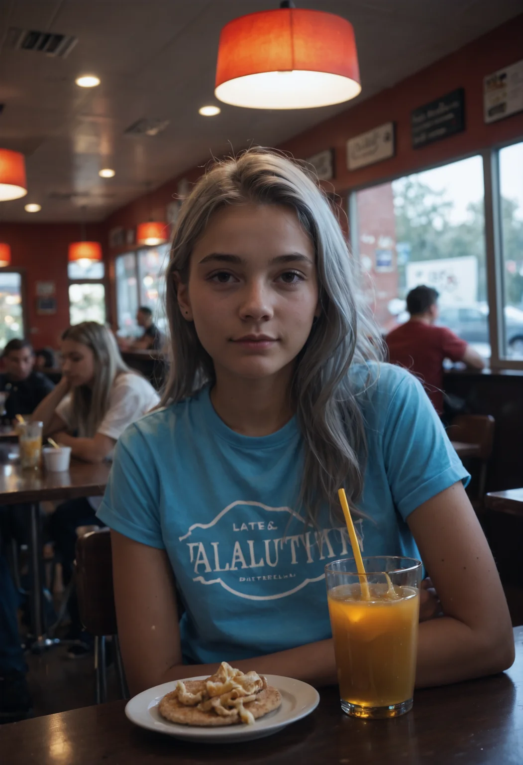 score_9, score_8_up, score_7_up, source_photo, surreal lighting, blue hour lighting, 1girl, Late Teenager Late Teenager, fat, Honey skin, Gray hair, Pallium, cafeteria, camera tilted for dramatic effect (Dutch angle), rating_safe
