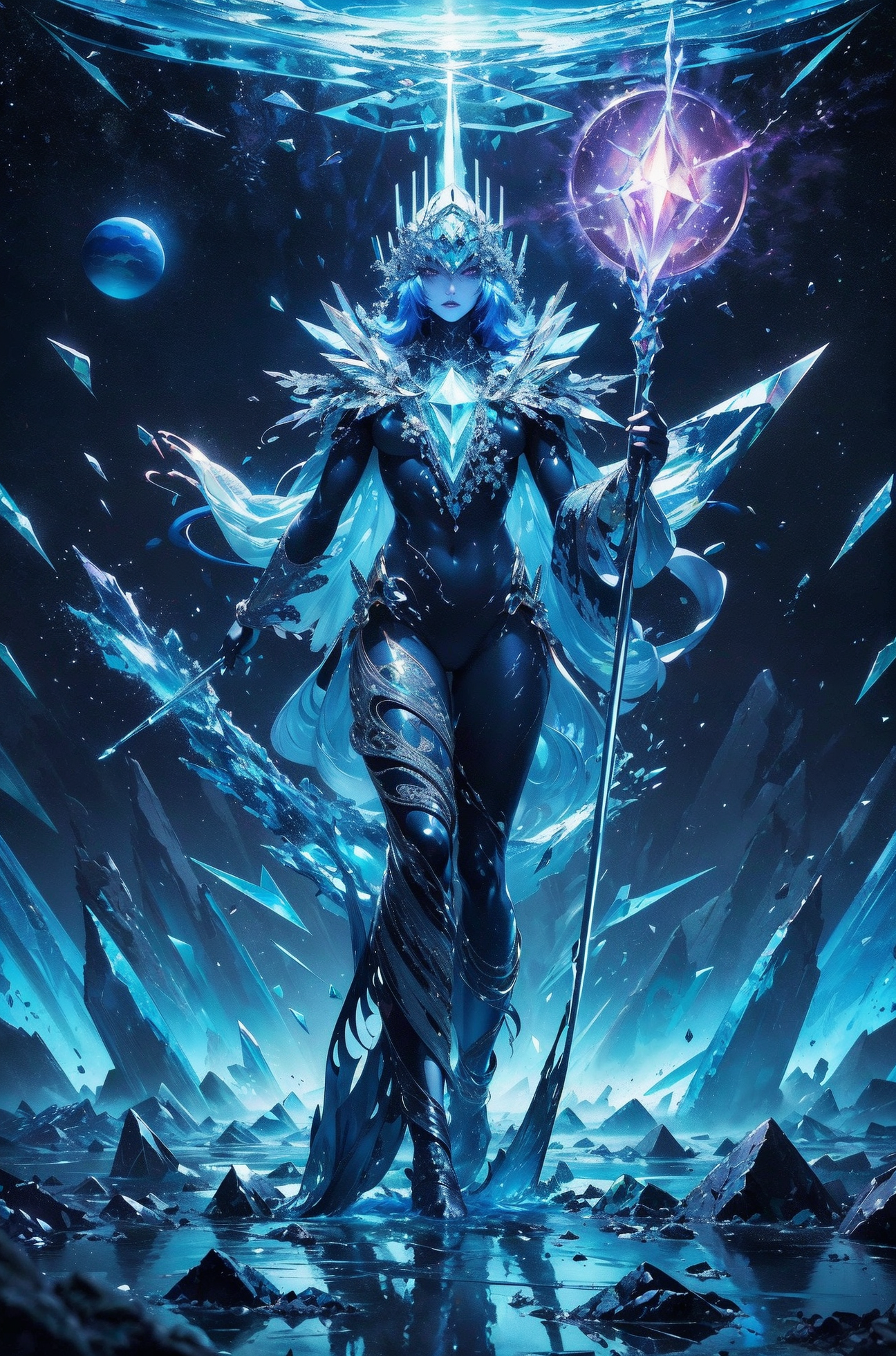 (masterpiece, sharp focus:1.2), BREAK (An interdimensional traveler, their body composed of shifting crystal shards, standing at the threshold of a portal that ripples like liquid glass, depicted in a style with sharp crystalline textures, refracted light, otherworldly hues:1.1), BREAK ( illuminated by the chaotic energy of a rift in space-time, A lone solid wooden staff in their hand, perfectly grounded and unchanging contrasting with the fluidity of their fractured form and the shifting realities around them:1.1), (art by Otomo Katsuhiro:1.4), (elaborately detailed attire with extraordinary elements and headdress:1.1), (hyperdetailed:1.1), (intricate details:1.0), (Refined details:1.1), (best quality:1.1), (high resolution:1.2)