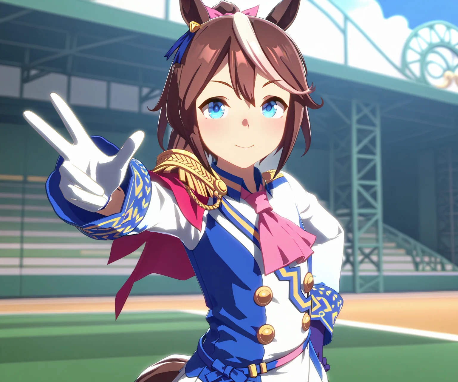 masterpiece, best quality, amazing quality, , 1girl,   solo, looking at viewer,  <lora:Tokai_Teio_in_game_style_3D_ILL-v2:1> ummsmingame, 3d, tokai teio \(umamusume\), asymmetrical gloves,