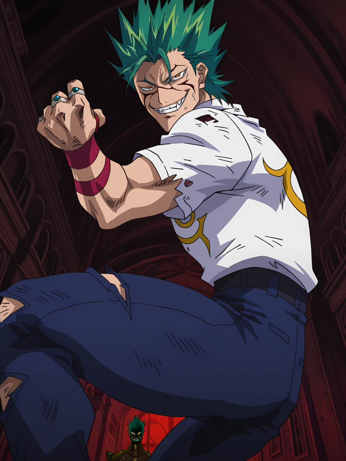 BloodyXL,, screencap, 
1boy, green hair, spiked hair, white shirt, torn clothes, blue pants, rings, cool, evil smile, looking at viewer, cowboy shot, dynamic pose, smile, portrait, solo focus, dutch angle, indoors, mansion, from side, from below, squatting,
<lora:ABloodyXL_Style:1.1>