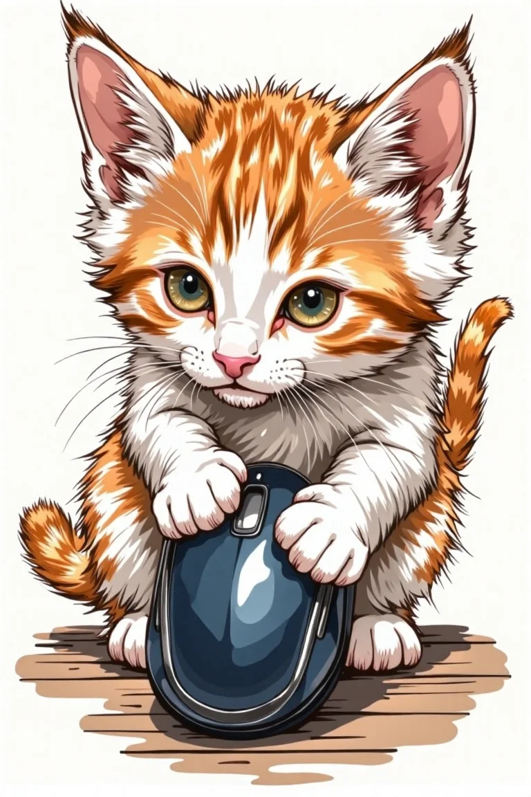 hand-drawn sketch of a kitten batting at a computer mouse, in Color sketchnote style.