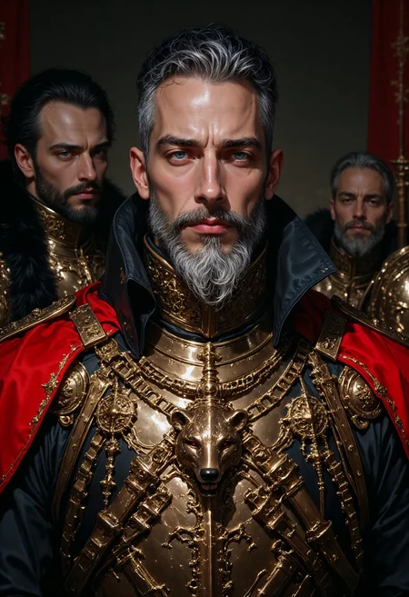 An1meL1nes, A distinguished middle-aged captain of the guards stands in full regalia, exuding authority and experience. His striking blue eyes command attention, contrasting with his neatly cropped gray beard and chestnut curly hair. The bear crest on his armor symbolizes his strength and loyalty. This vivid portrayal, whether a painting or photograph, captures the essence of a formidable and respected knight in exquisite detail and quality. <lora:FluxMythAn1meL1nes:1>