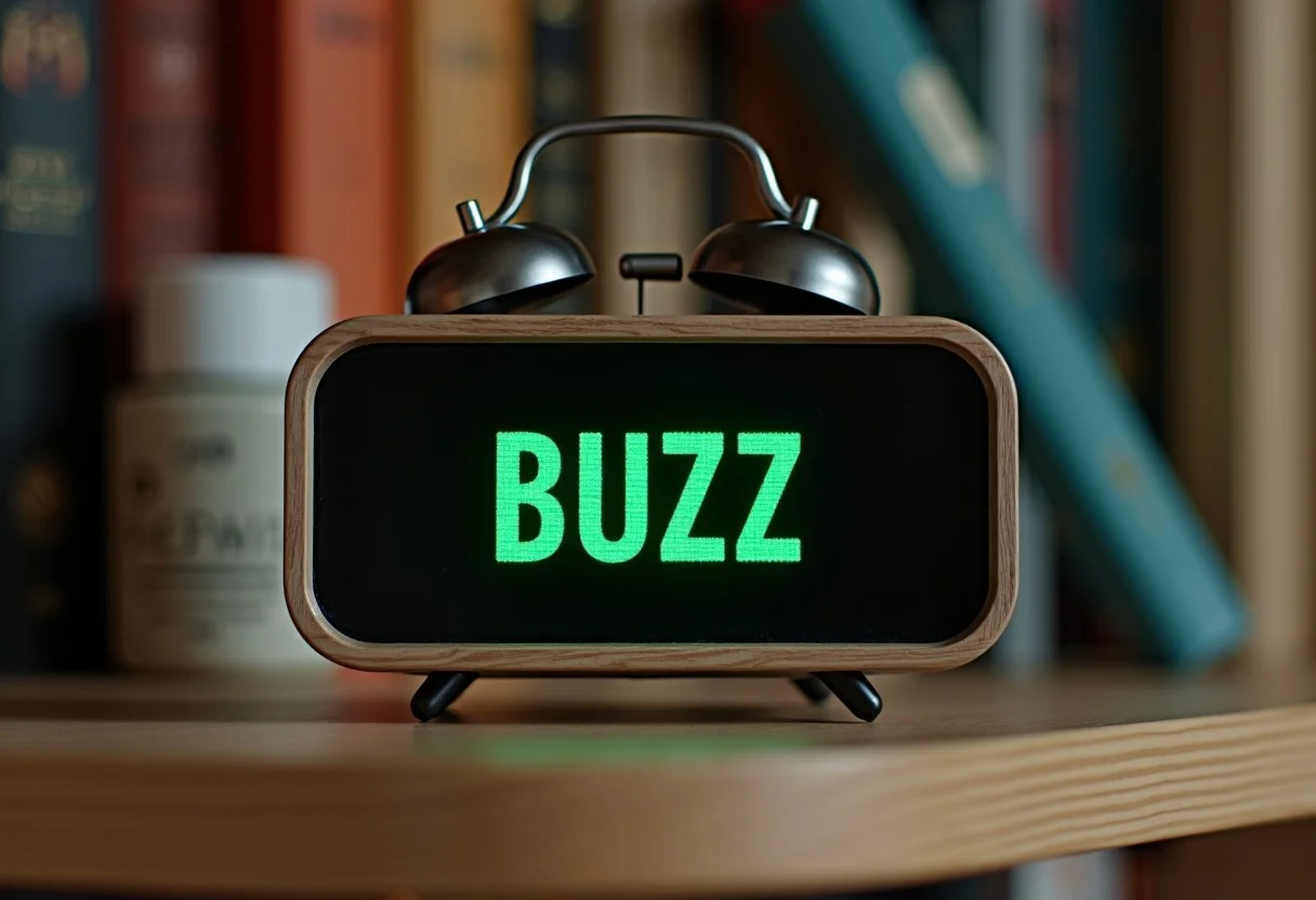 an numerical alarm clock with a bumper on a bookshelf, focus on numerical alarm clock, numerical alarm clock displays "BUZZ" in green in the screen