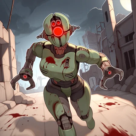 score_9, score_8_up, score_7_up, score_6_up, score_5_up, source_anime, [SoSo|kame 3], (rhc:1.1), assaultron, fallout, 1girl, solo, breasts, looking at viewer, robot, humanoid robot, robot joints, one-eyed, joints, no humans, green body, mechanical arms, crotch plate, science fiction, (post-apocalypse, building, ruins, outside:1.2), green armor, (robotic hand, 3 fingers:1.3), running, running towards viewer, action pose, movement, motion lines, emanata, chasing, (night, detailed background, (moonlight:1.2), blood, blood on face, blood on body, fight, 1 eye, red eyes,
<lora:assaultron_pdxl_:0.8>