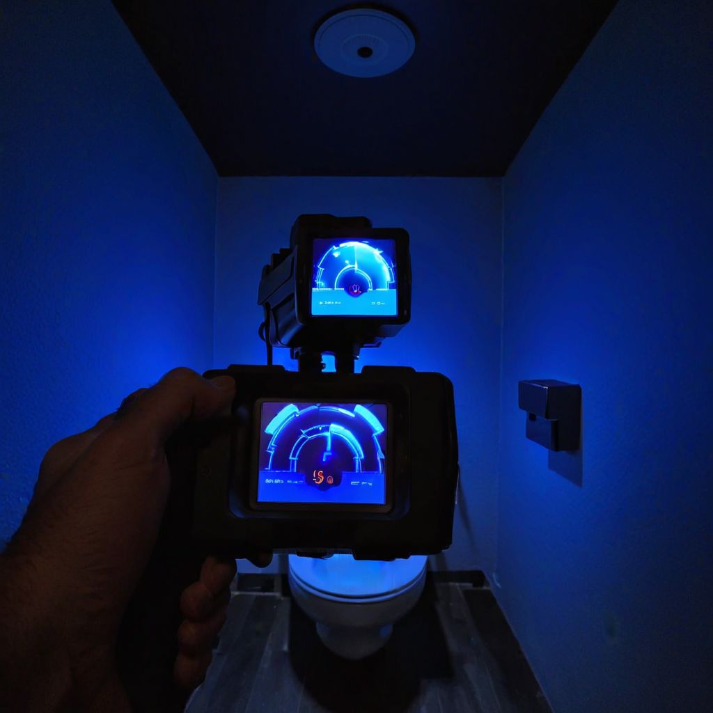 walking into a bathroom with a m314mtn blue glow, m314mtn, holding_tracker, holding, pov, trackerscreen, (toilet), dark, dimly lit, at night, interior,