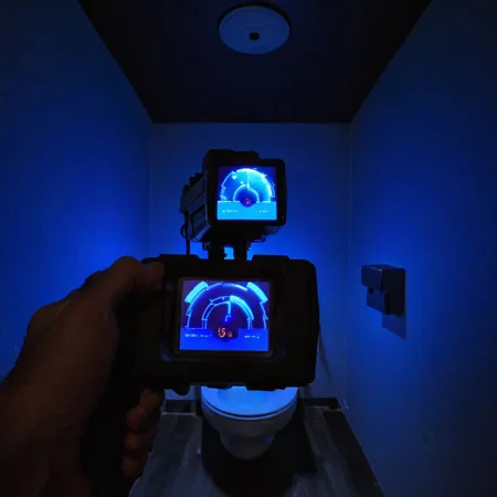 walking into a bathroom with a m314mtn blue glow, m314mtn, holding_tracker, holding, pov, trackerscreen, (toilet), dark, dimly lit, at night, interior,