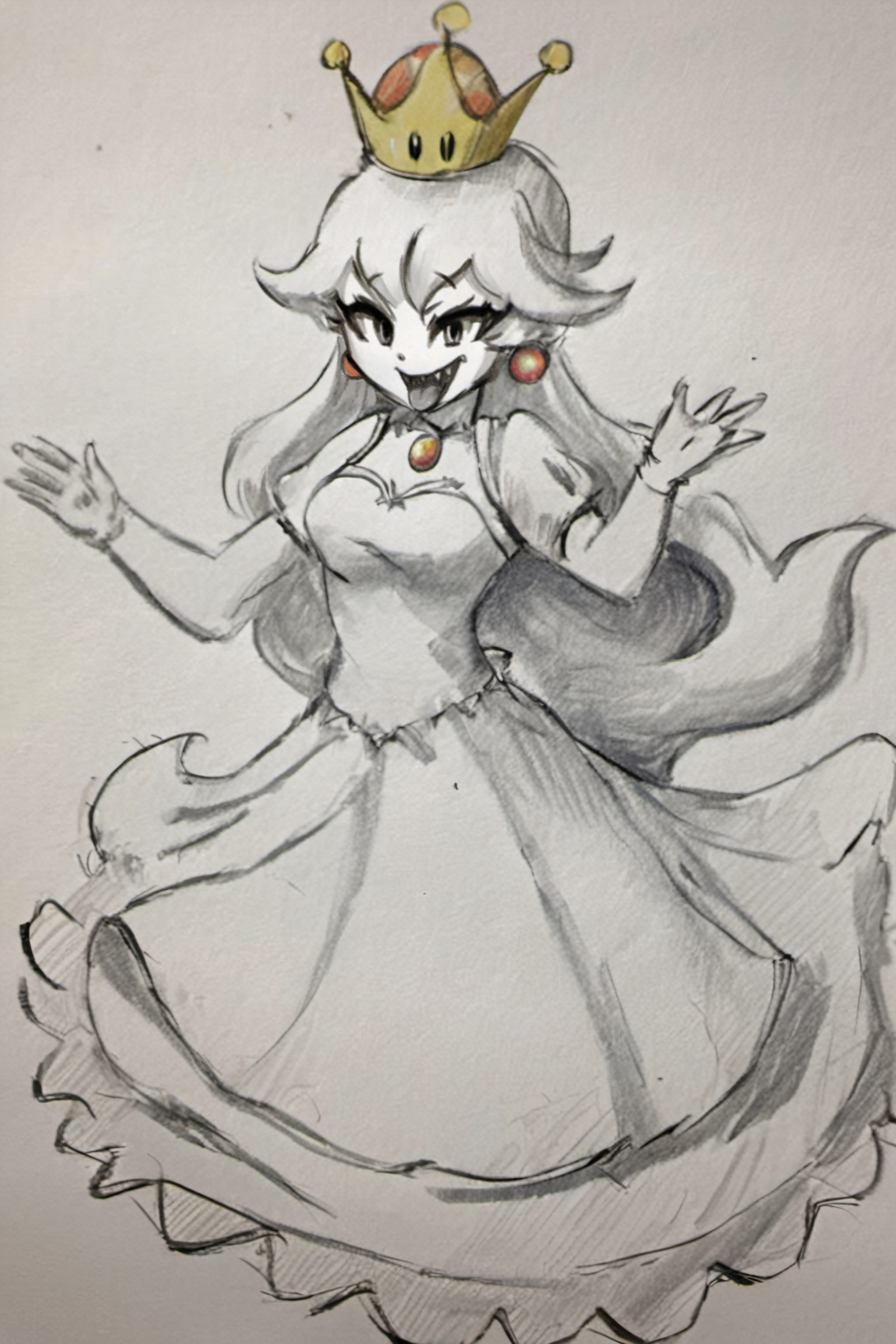((masterpiece, best quality)), 
(Pencil_Sketch:1.2,  messy lines,  greyscale,  traditional media,  sketch),  unfinished,  hatching (texture),  ((masterpiece, best quality)),  absurdres,  ,  Boosette_Mario,  1girl,  long hair,  white hair,  long white dress,  ballroom dress,  white gloves,  solo,  smiling,  blushing,  looking at viewer,  cowboy shot, <lora:Boosette_Mario_SDXL:0.800000>,<lora:Anime_Sketch_SDXL:1.000000>