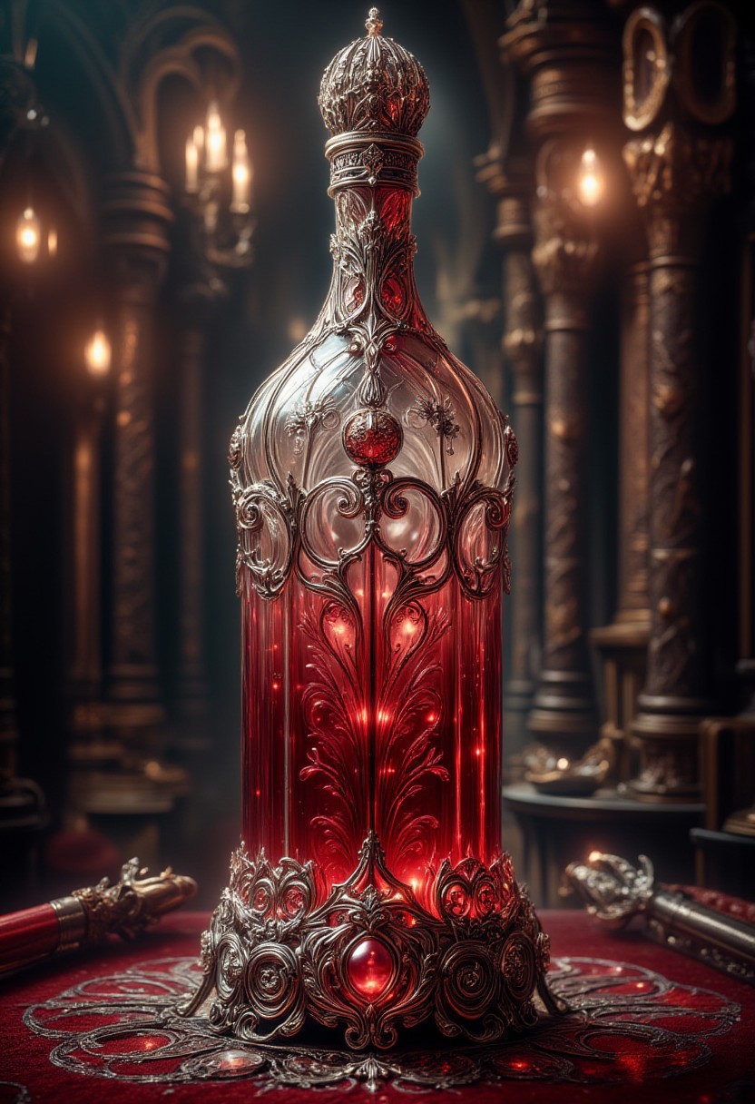 hyperdetailed ultra-detailed realistic, detailmaximizer, 
extremely detailed best quality, reality-shot, realism, realistic photography of a an elaborate medieva symmetrical crystal and silver red wine bottle, with very small medieval ornaments, in many different vibrant colors. 
The crystal medieval wine bottle is placed on a pedestal in the middle of a medieval hall of wine, intricate details, ultra sharp, exquisite detail, flawless composition, vivid colors, masterpiece, exciting background. , High Definition HD, High Detail, Perfect Composition, dark fantasy movie, cowboy shot, bokehmachine, bokeh