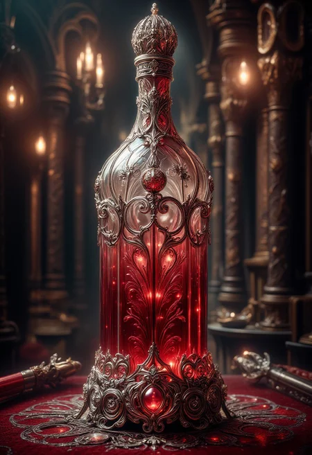 hyperdetailed ultra-detailed realistic, detailmaximizer,
extremely detailed best quality, reality-shot, realism, realistic photography of a an elaborate medieva symmetrical crystal and silver red wine bottle, with very small medieval ornaments, in many different vibrant colors.
The crystal medieval wine bottle is placed on a pedestal in the middle of a medieval hall of wine, intricate details, ultra sharp, exquisite detail, flawless composition, vivid colors, masterpiece, exciting background. , High Definition HD, High Detail, Perfect Composition, dark fantasy movie, cowboy shot, bokehmachine, bokeh