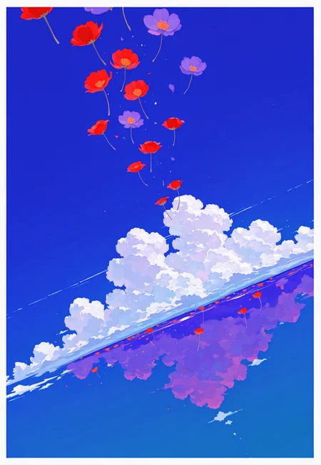 masterpiece, best quality, 32k, high resolution, absurdres, HD32k, masterpiece, high detail, extremely detailed, detailed linework, dynamic composition, (realistic), flat color,
flowers, (from below), isolated, (many poppies), red poppies, purple poppies, gradient blue background with thick white border, symmetrical clouds, flat vector illustration, swifting clouds, sky, scenery, white clouds, dynamic angle, dutch angle,
(close up),
0__11Xx_illu, bW9t, fl4t,