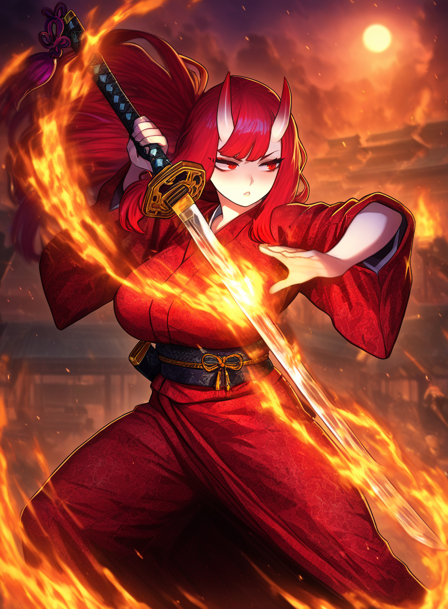 masterpiece, best quality, very aesthetic,gloss,uncensored,
BREAK
1girl, oni horns, horns, red eyes, red hair, long hair, red kimono, large breasts, katana, fighting stance, east asian architecture, outdoors, pyrokinesis, 
<lora:nai_ga-ill-fandingo:1>