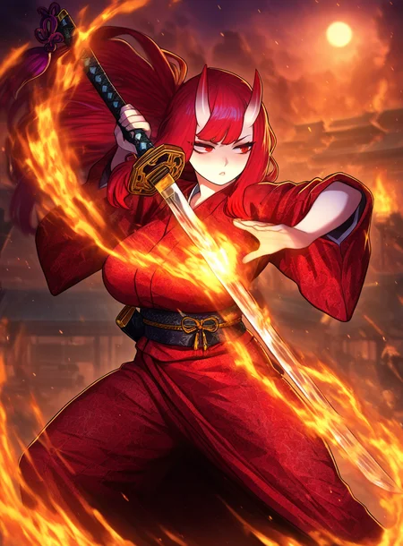 masterpiece, best quality, very aesthetic,gloss,uncensored,
BREAK
1girl, oni horns, horns, red eyes, red hair, long hair, red kimono, large breasts, katana, fighting stance, east asian architecture, outdoors, pyrokinesis,
<lora:nai_ga-ill-fandingo:1>