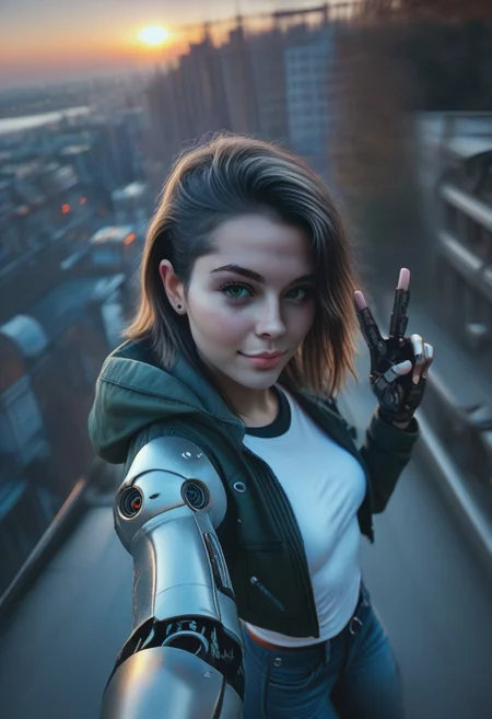 score_9_up, score_8_up, score_7_up, score_6_up detailed, city background, 1girl, 24yo, selfie, from above, (mechanical parts:1.4), sunrise, open jacket, tight jean, (v:1.2)
