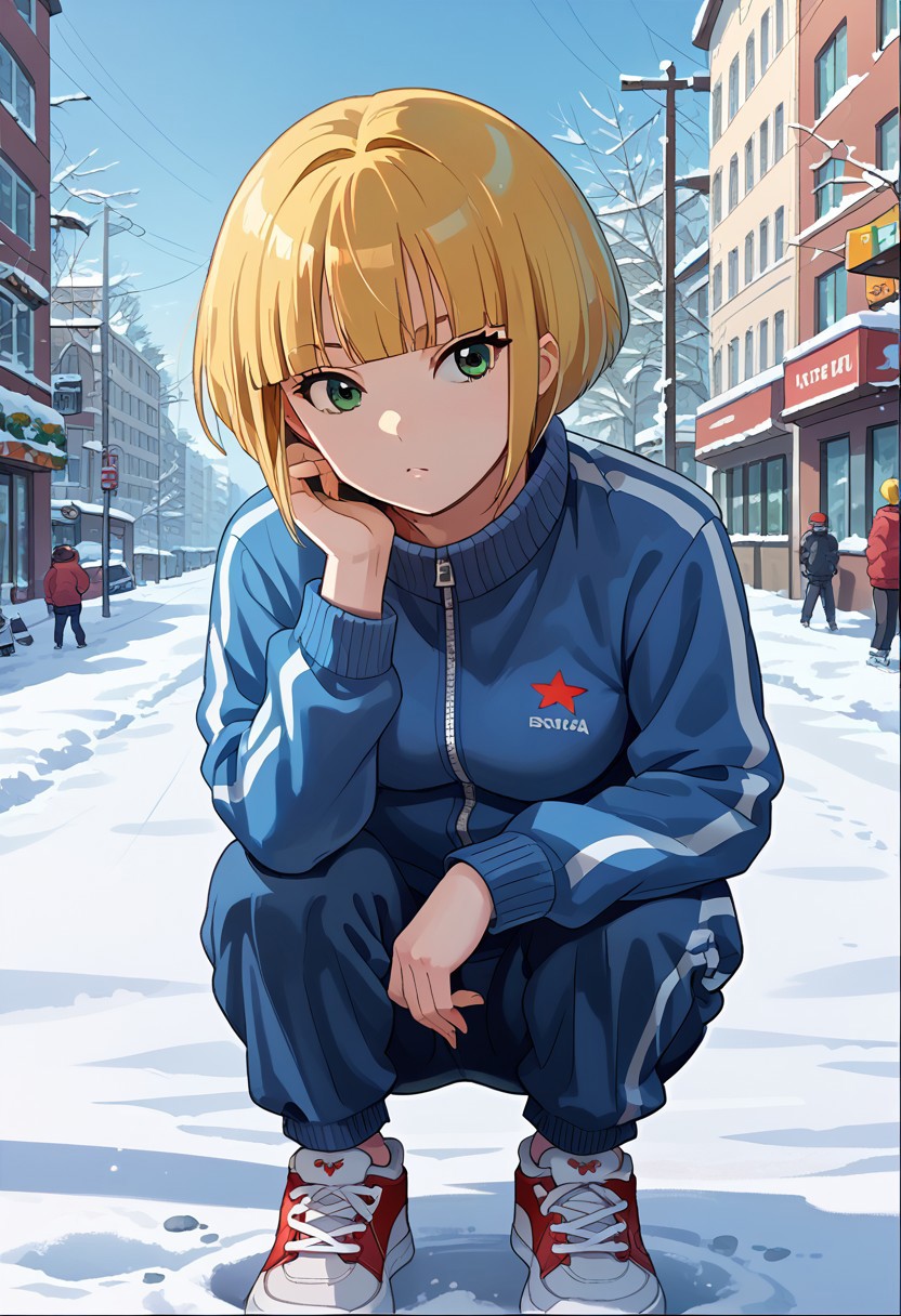 score_8, score_8_up, score_7_up, source_anime, anime screenshot,  1girl, female focus, solo, Sheba_GS, blonde hair, bob cut, blunt bangs, side locks, short hair with long locks, green eyes, tracksuit, squatting, snow, city, street, russia background, sneakers, outdoors