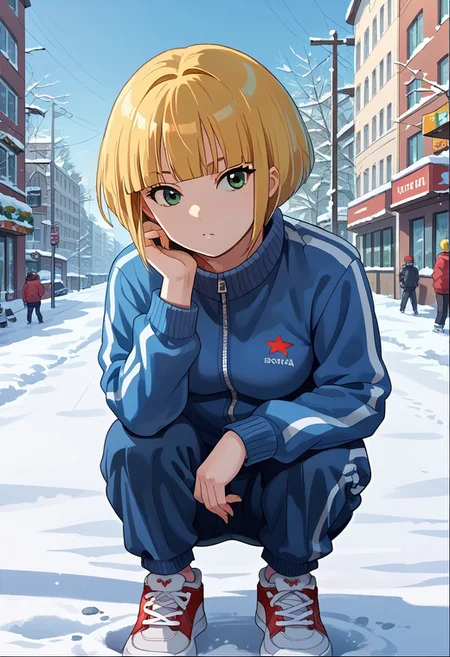 score_8, score_8_up, score_7_up, source_anime, anime screenshot, 1girl, female focus, solo, Sheba_GS, blonde hair, bob cut, blunt bangs, side locks, short hair with long locks, green eyes, tracksuit, squatting, snow, city, street, russia background, sneakers, outdoors