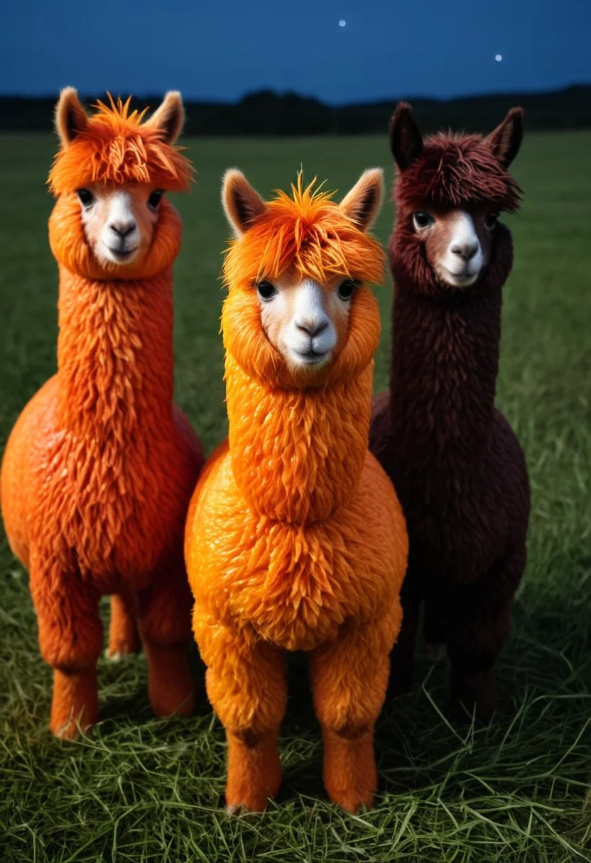 A medium-close-up view of three different colored alpacas (made out of oranges) standing in a grassy field at night. They have long hair and look very fluffy. Midnight, stars shine a soft light, they look a bit creepy but also cute, dark horror background, blood orange style