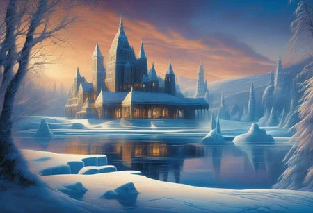 A whimsical winter wonderland,
with ice sculptures and twinkling lights adorning the frozen lake. evening,
intricate design,
cinematic lighting,
LP cover,
Giger Marc Simonetti print,
Mysterious