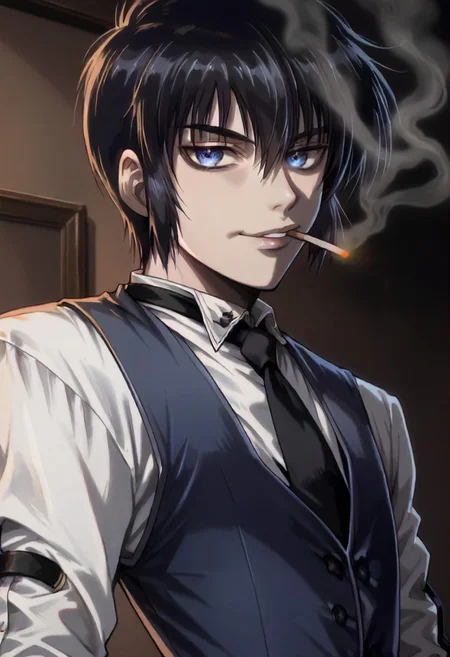 score_9, score_8_up, score_7_up,  walter.c.xl11, solo, 1boy, blue eyes, black hair, short hair, white shirt, black necktie, blue vest, smoking, cigarette,  <lora:walter_c_xl12:1.0>