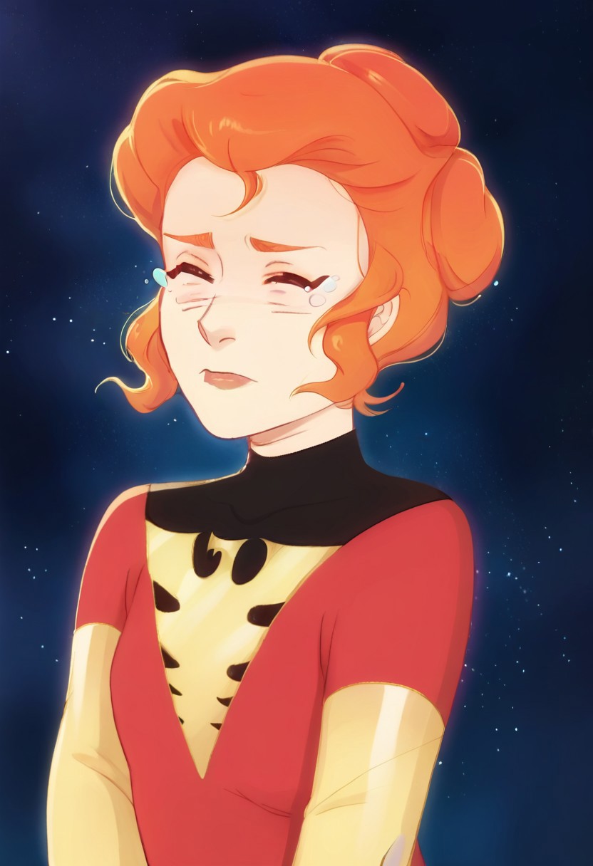 score_9, score_8, score_7, source_anime, tldrjeangrey, crying with eyes open, sad, portrait, multicolored bodysuit, constricted pupils, starry background, outdoors, hair bun, closed eyes, lips