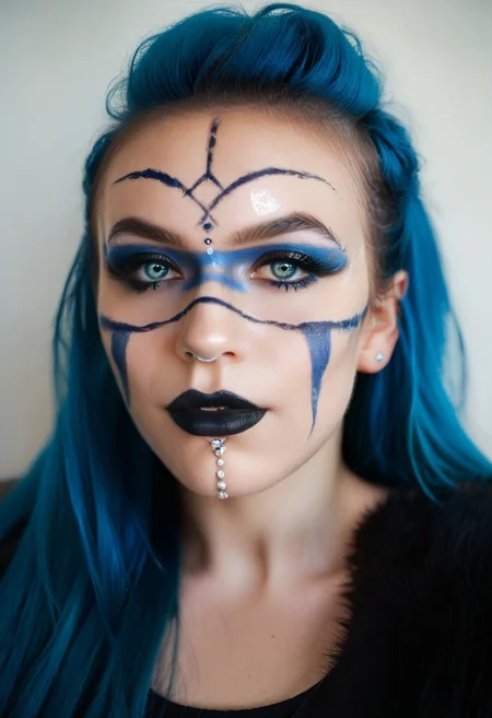 score_9, score_8_up, score_7_up,
w1k1ngm4k2up, wikingmakeup, wiking makeup, 1girl, solo, long hair, looking at viewer, bangs, blue eyes, closed mouth, blue hair, lips, makeup, facial mark, lipstick, portrait, realistic, nose, facepaint, facial tattoo, blue lips, black lips, nose piercing, lip piercing