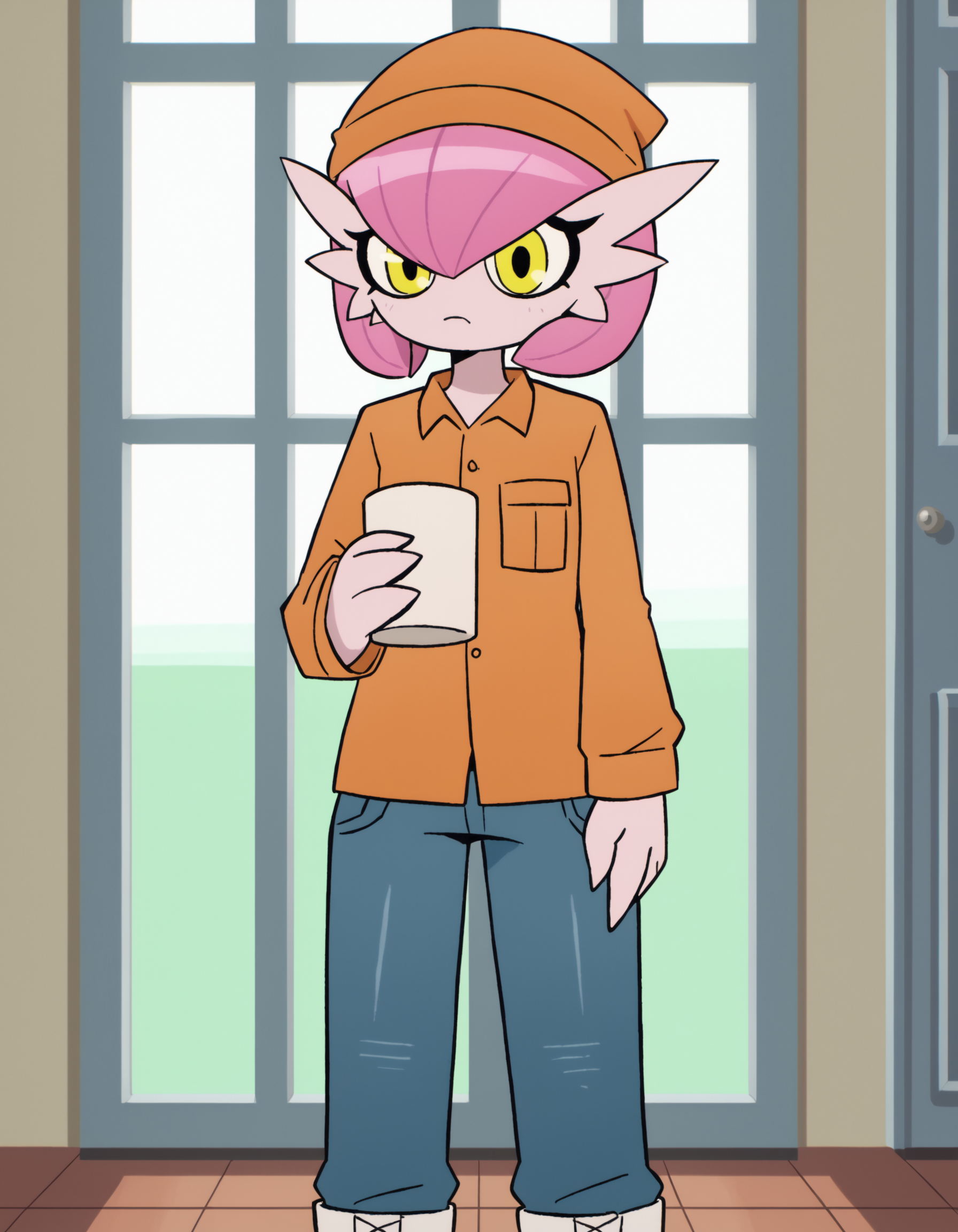 zPDXL, score_9, score_8_up, score_7_up, source_anime,
1girl, solo, <lora:Petunia_v2:0.8> petunia, pink hair, pokemon \(creature\), colored skin, gardevoir, short hair, white skin, flat chest, alternate color, yellow eyes,, prison inmate wearing brown prison uniform with long-sleeve shirt, drawstring pants,plain beanie, white boots, carrying a plastic mug ,  <lora:ScottP-v2-3:0.8> scttp