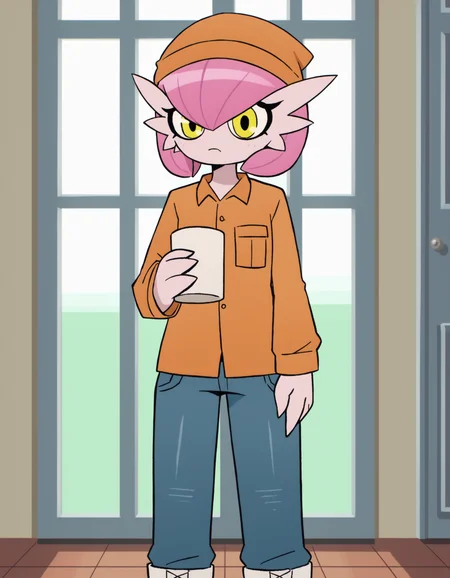 zPDXL, score_9, score_8_up, score_7_up, source_anime,
1girl, solo, <lora:Petunia_v2:0.8> petunia, pink hair, pokemon \(creature\), colored skin, gardevoir, short hair, white skin, flat chest, alternate color, yellow eyes,, prison inmate wearing brown prison uniform with long-sleeve shirt, drawstring pants,plain beanie, white boots, carrying a plastic mug , <lora:ScottP-v2-3:0.8> scttp