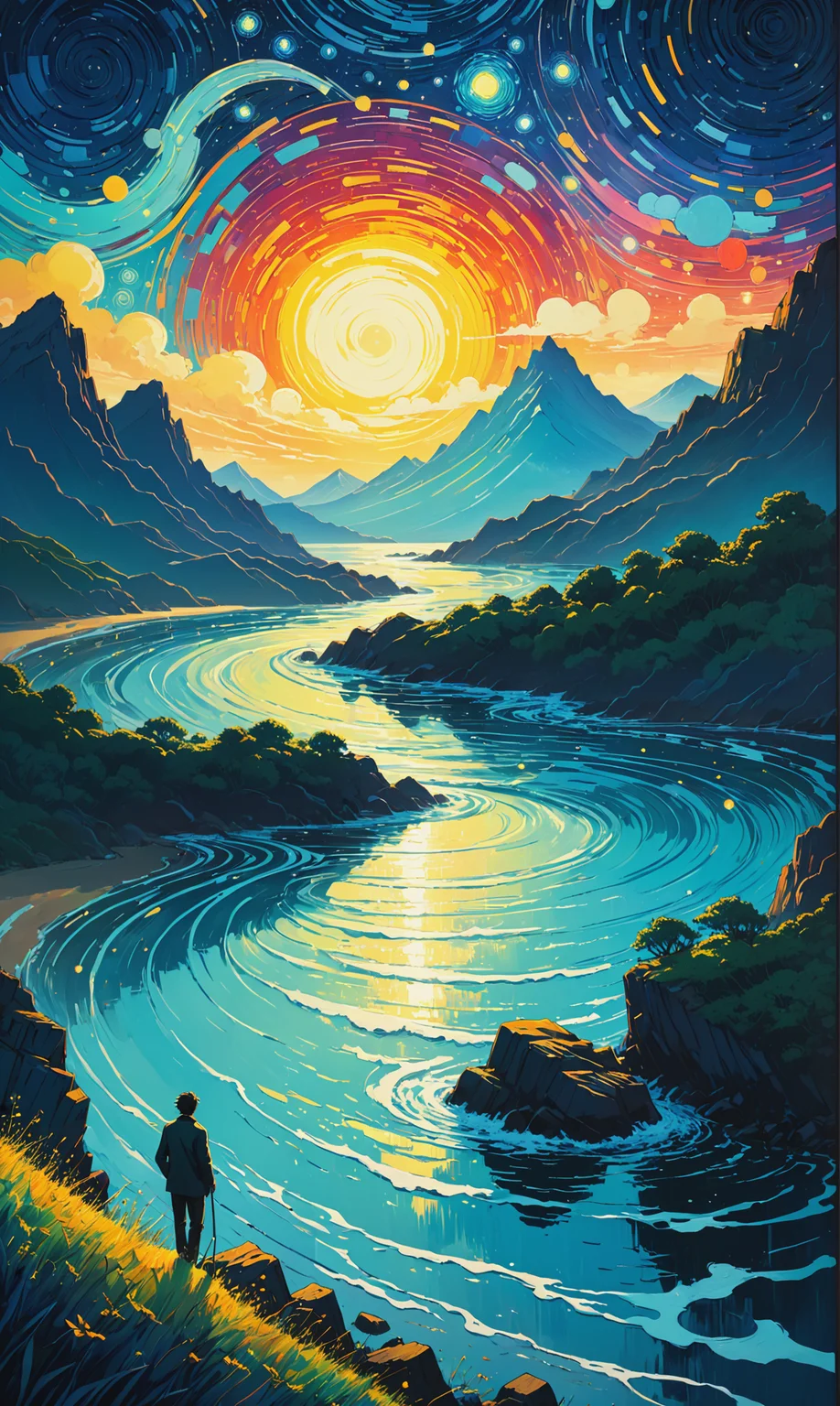 Art by James R. Eads, Swirling and flowing lines define the vivid landscapes and sky, drawing inspiration from Van Gogh's Starry Night. each piece appears as a vision or a dream with psychedelic colors and a sense of movement that suggests a connection to the spiritual or metaphysical world. the style is heavily influenced by the natural world and uses bright and contrasting colors to add depth and emotion. by Satori Canton, acrylic painting, trending on pixiv fanbox, palette knife and brush strokes, style of makoto shinkai jamie wyeth james gilleard edward hopper greg rutkowski studio ghibli genshin impact<lora:xl_more_art-full_v1:0.3>